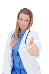 Woman doctor in uniform showing a thumb up.
