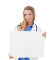 Nurse / doctor showing blank board / sign.