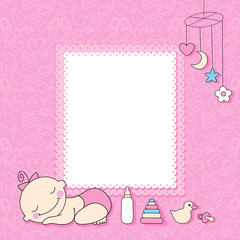 Sweet baby girl announcement card style cartoon.