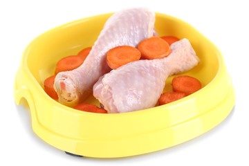 Natural food for pets in plastic bowl isolated on white