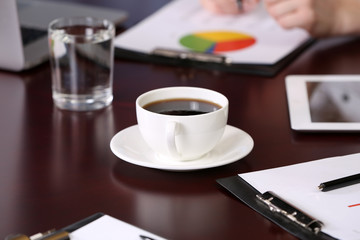 Cup of coffee on table close-up