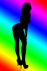 Czarny zarys sylwetki kobiety w tanecznej postawie, na gradientowym kolorowym tęczowym tle. - obrazy, fototapety, plakaty