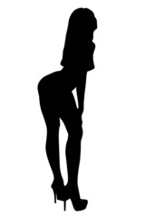 Czarny zarys sylwetki kobiety w tanecznej postawie, na białym tle.