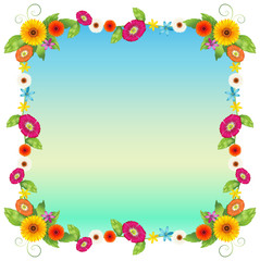An empty blue template with colourful flowers