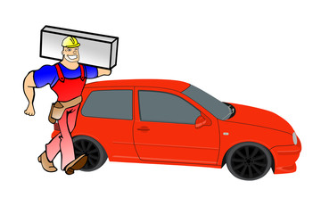 Robotnik budowlany obok samochodu. Grafika na białym tle. © AWVW