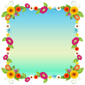 An empty blue template with colourful flowers