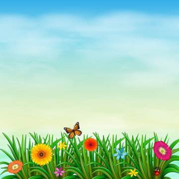 A flower garden with a butterfly and a ladybug