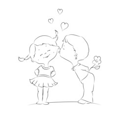 Hand drawn Illustration of kissing boy and girl
