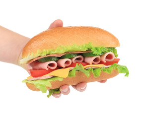 Hand holds french baguette sandwich.