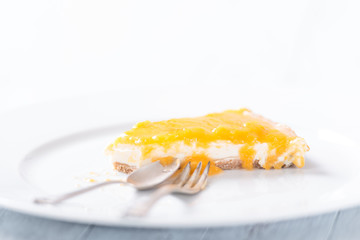 Piece of a delicious homemade cheese cake with passion fruit top