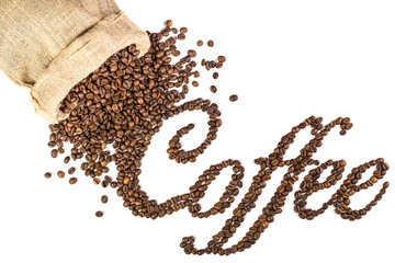 Coffee title made from roasted coffee beans. Beans in bag