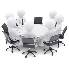 3d people at the round table. One chair is empty