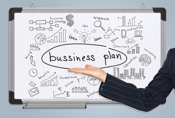 Woman hand in suit and business plan