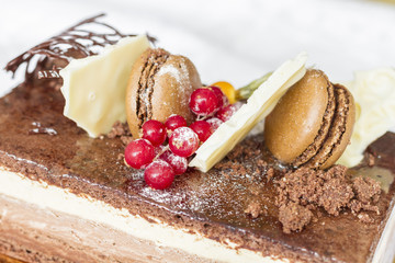 Chocolate cake with white chocolate chunks and berries