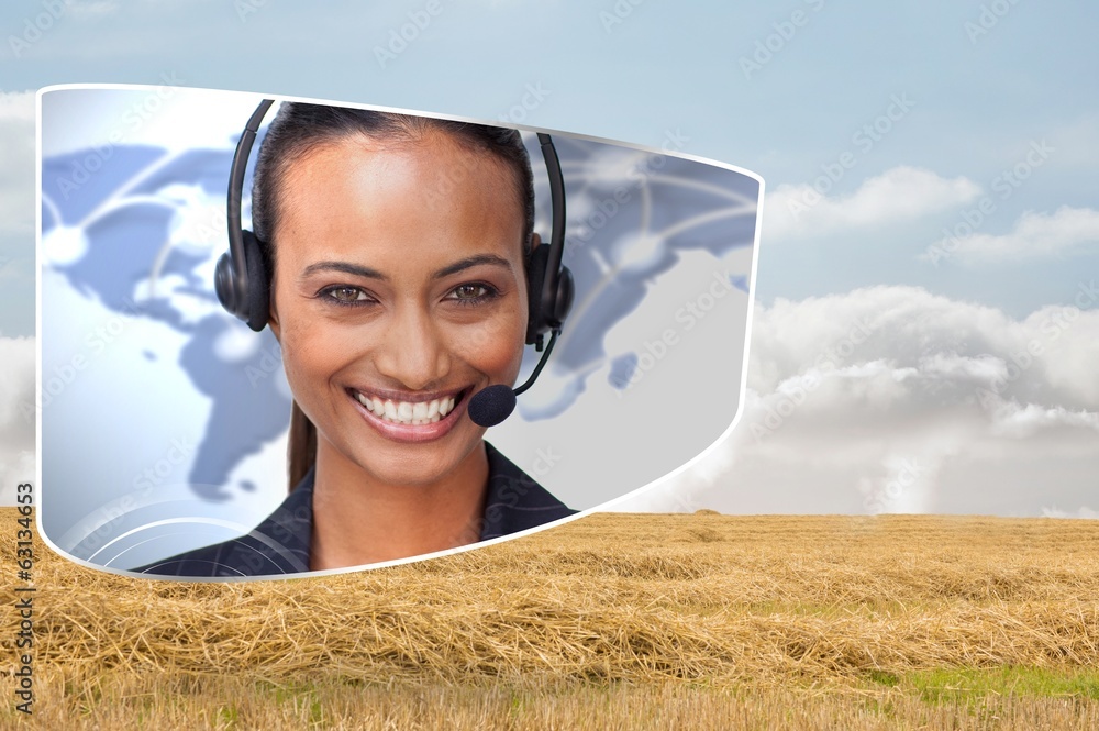Poster Composite image of call centre agent on abstract screen