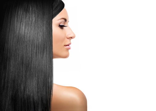 girl with black shining laminated hair