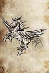 Fototapeta na wymiar Tattoo unicorn sketch, handmade design over vintage paper