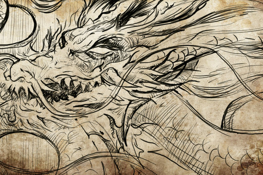 dragon Tattoo sketch, handmade design over vintage paper