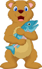 Cute bear holding salmon fish