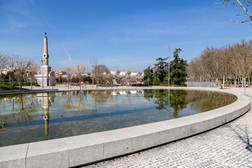 Madrid Río park, fountain, obelisk and fund Perrault bridge