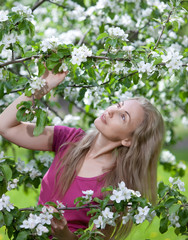 young attractive woman standing near the blossoming apple tree..