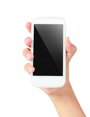 Hand showing smart phone with isolated on white