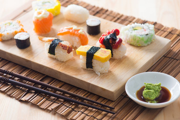 various sushi food with backgrounds