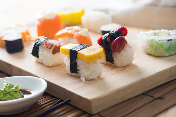 various sushi food with backgrounds