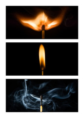 Triptych of a burning match