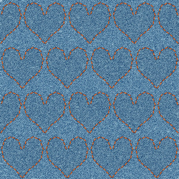 Embroidered hearts on denim, seamless pattern.