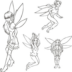 Outline set of cute fairies