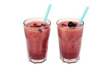 Blueberry raspberry smoothie on a white background.
