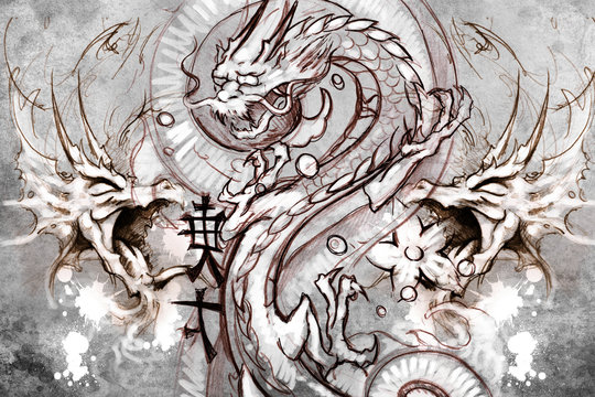 Dragons Tattoo design over grey background. textured backdrop. A
