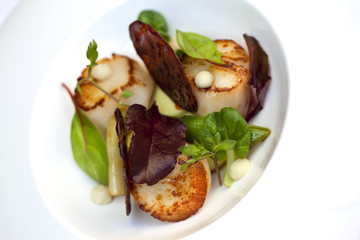 Coquilles Saint-Jacques, poireaux, salade chips de chorizo 