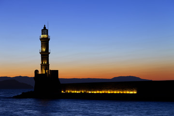Chania lighthouse at sunset. Crete. Greece.