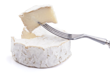 Camembert cheese slice isolated on white background