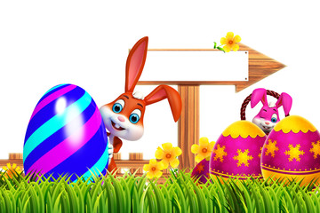 cute easter bunny with colorfull egg and sign