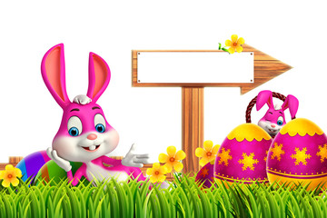 easter bunny with wooden sign on the grass