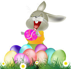 Happy Rabbit and Easter Eggs on white background.Happy Easter