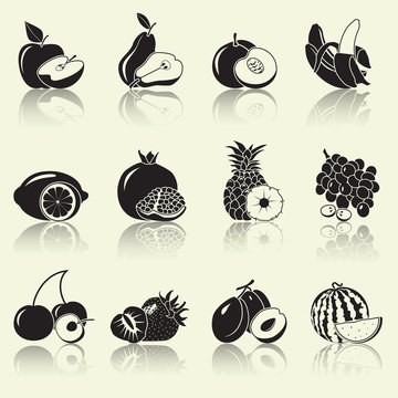 fruits and berries, silhouettes: apple, pear, banana