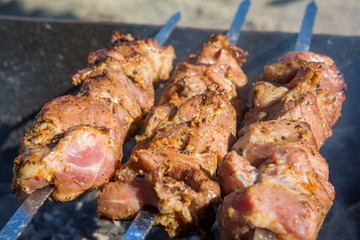Appetizing hot shish kebab on metal skewers in a sunny day