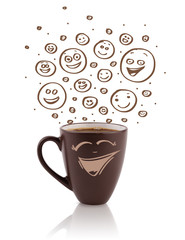 Coffee-cup with brown hand drawn happy smiley faces