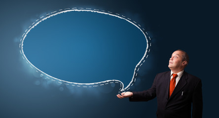 funny businessman presenting speech bubble copy space