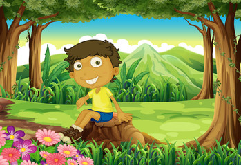 Obraz na płótnie Canvas A playful young boy above the stump