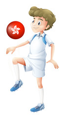 A boy using the ball with the flag of Hongkong