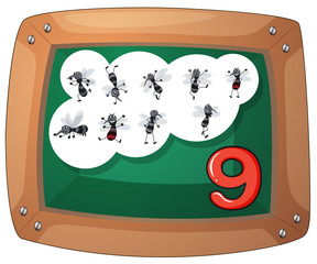 A blackboard with nine flies