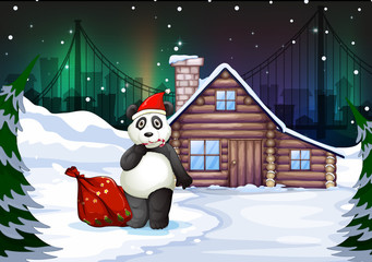 A Santa panda with a red sack full of gifts