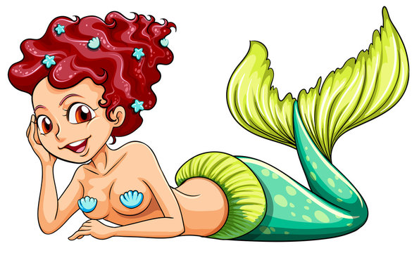 A smiling mermaid with green tail