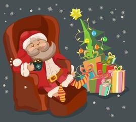 Funny Color Christmas background with Santa Claus resting in cha