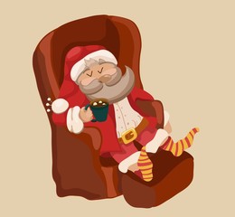 Funny Color Christmas background with Santa Claus resting in cha